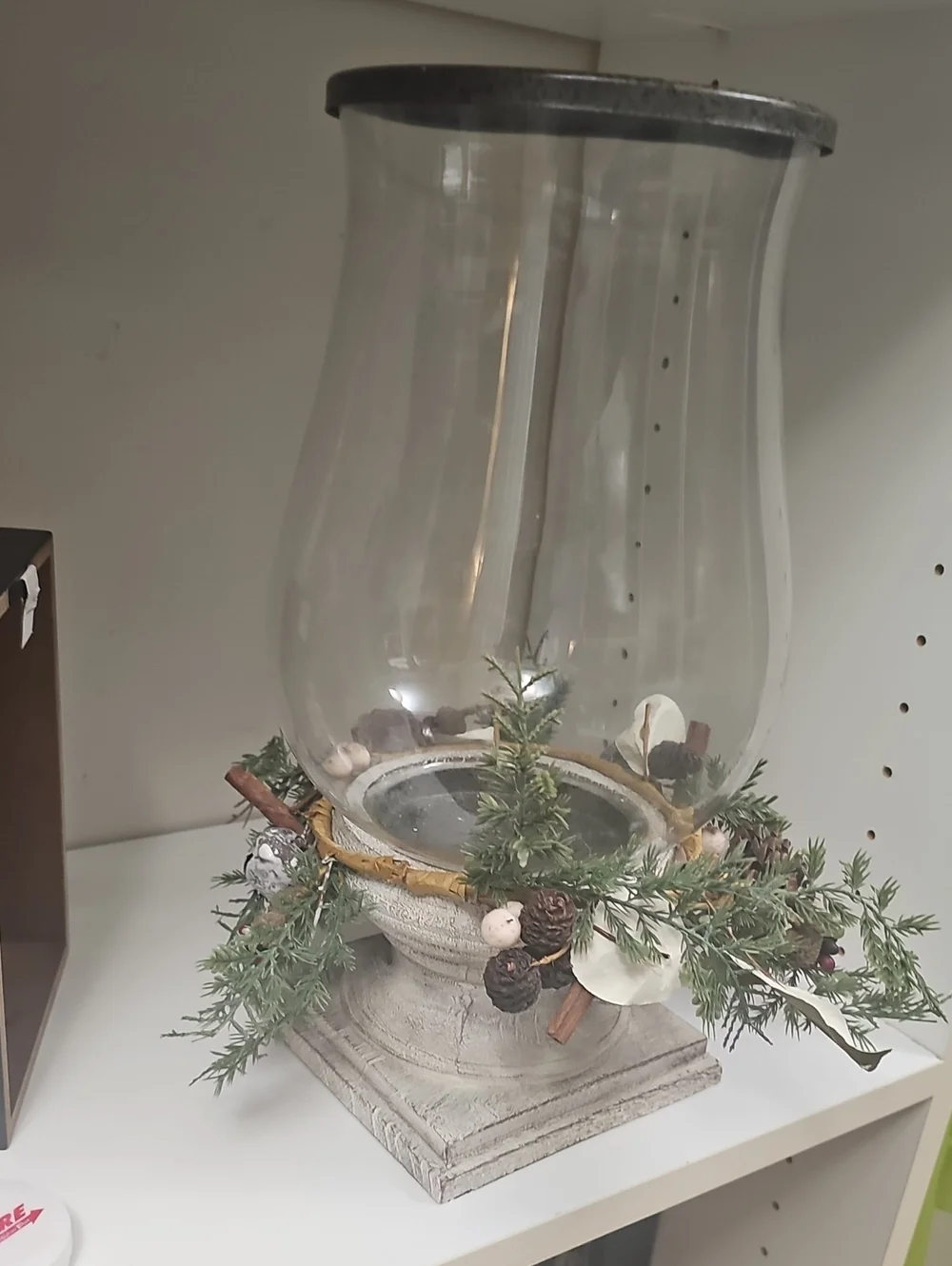 Huge Rustic Glass Hurricane Lantern with Pine & Pinecone Wreath 14